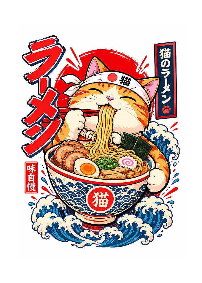 Cute Cat Eating Ramen Illustration