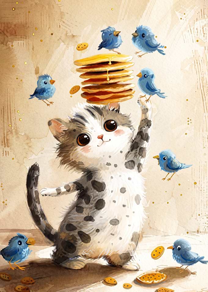 Cat Pancakes Birds Cute Art Poster