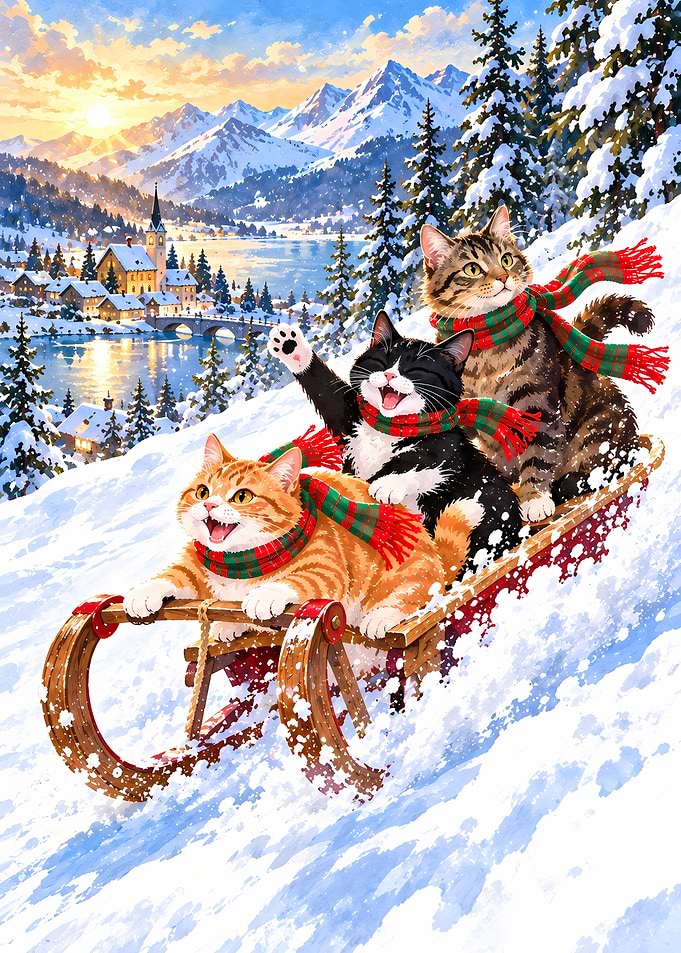 Three Cats Sledding in Winter Landscape