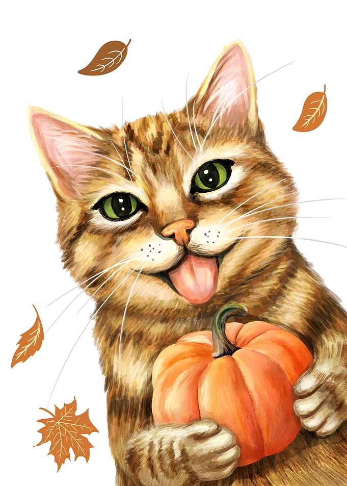 Cute Tabby Cat Holding a Pumpkin