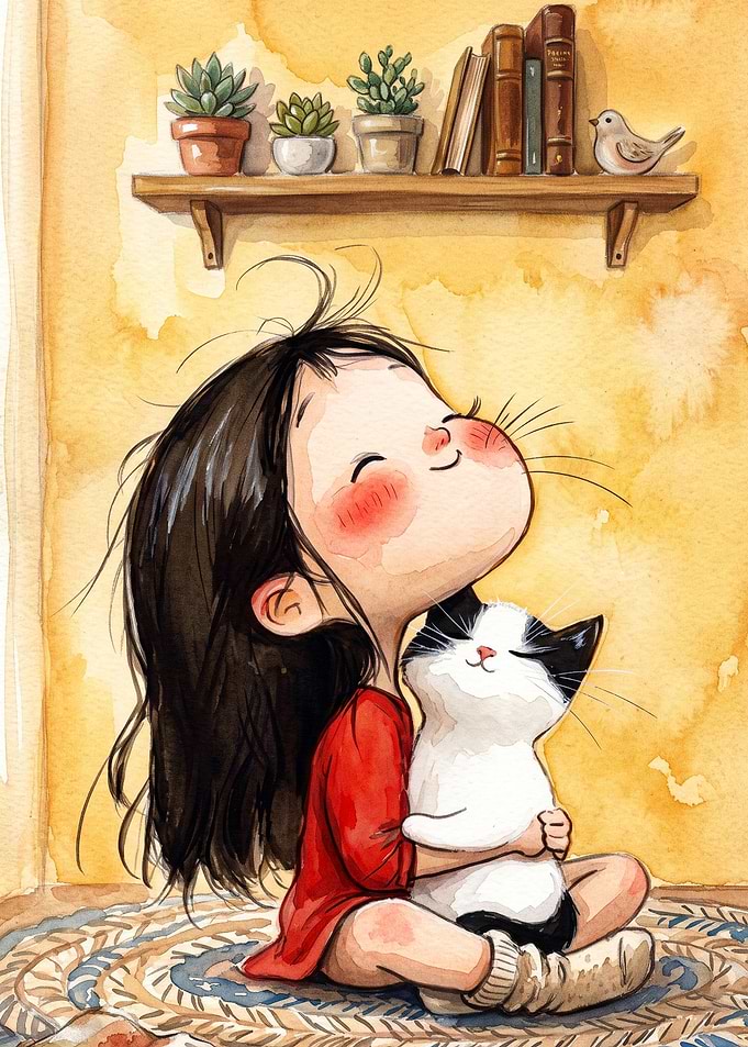 Girl Cat Hug Watercolor Poster