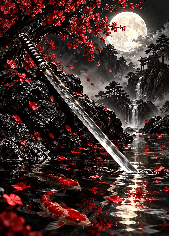 Katana Sword in Moonlit Pond