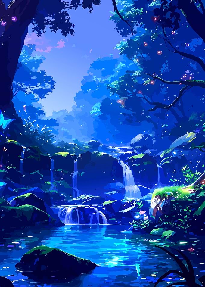 Enchanted Blue Forest Waterfall