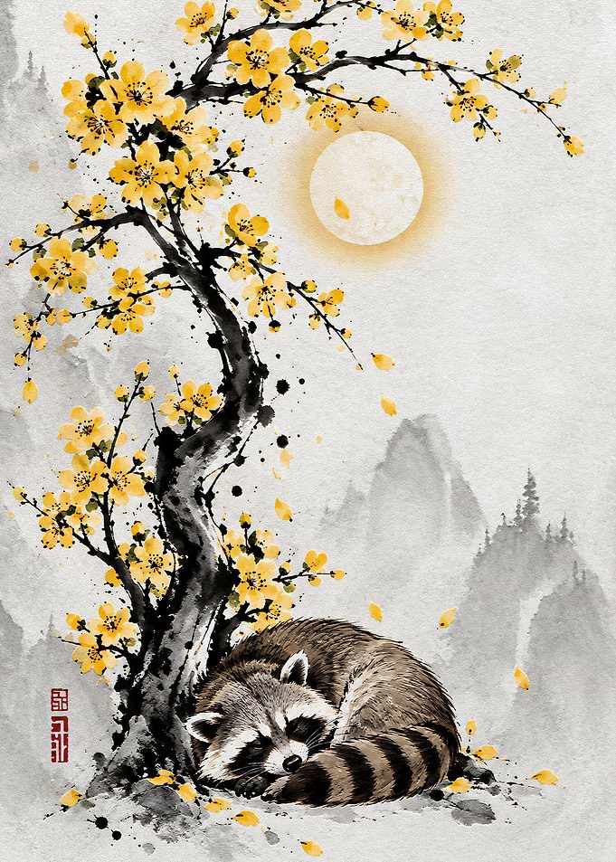 Raccoon Sleeping Under Yellow Blossoms