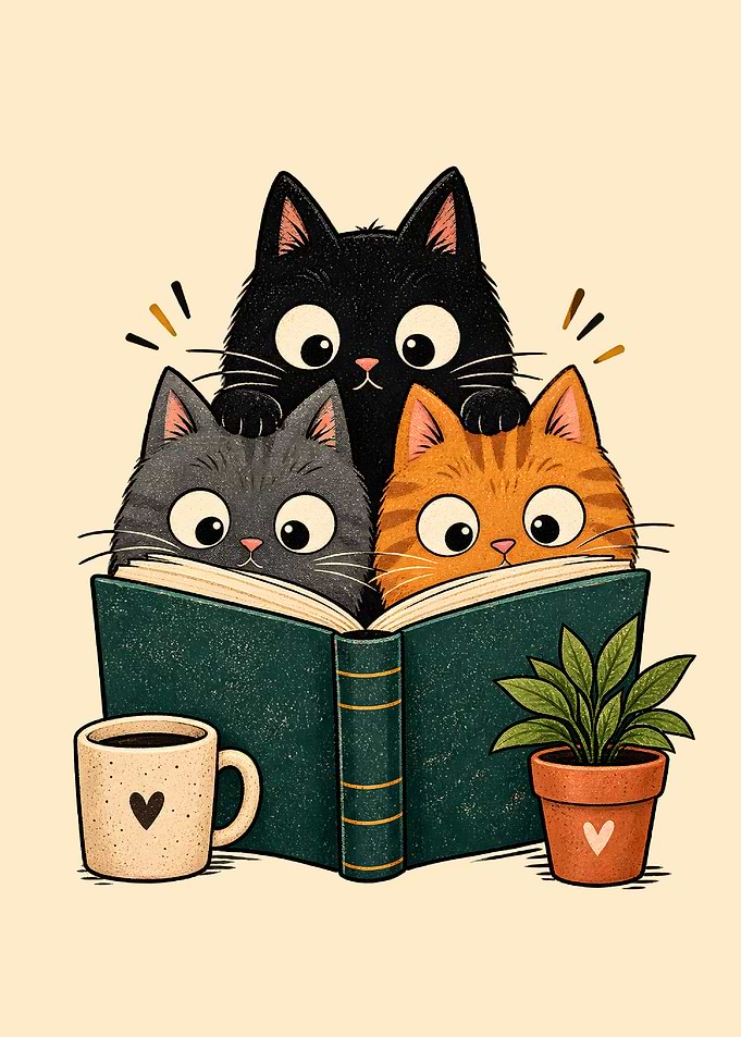 Three Cute Cats Reading a Book