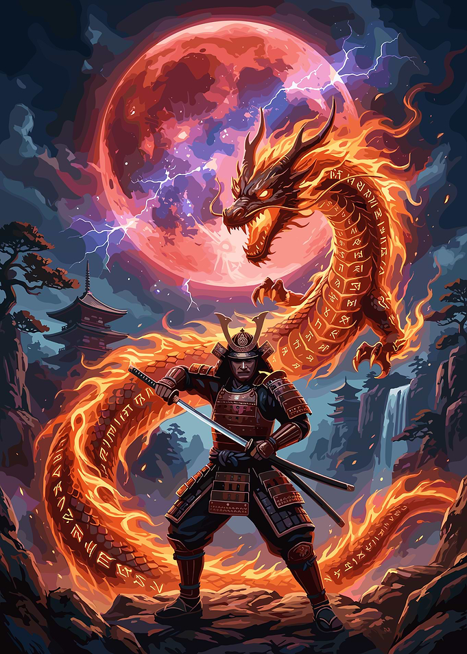 Samurai Warrior with Fiery Dragon