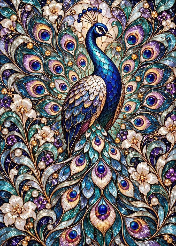 Stained Glass Peacock with Floral Accents