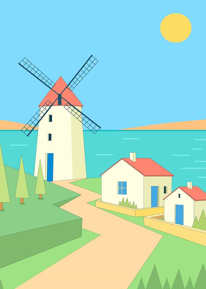 Minimalist Windmill and Coastal Village