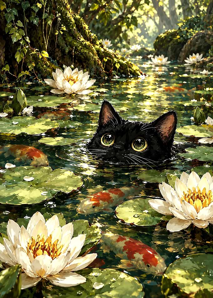 Black Cat Swimming in Koi Pond