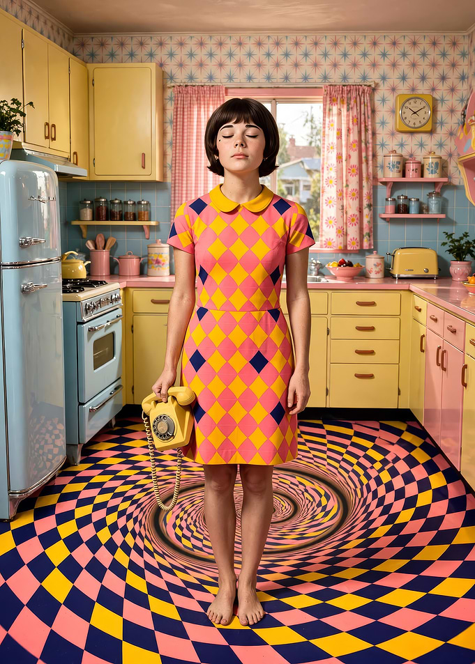 Woman in Retro Kitchen with Spiral Floor