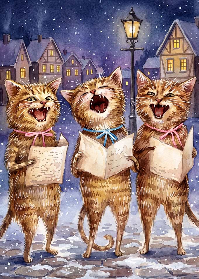 Christmas Cats Caroling Watercolor