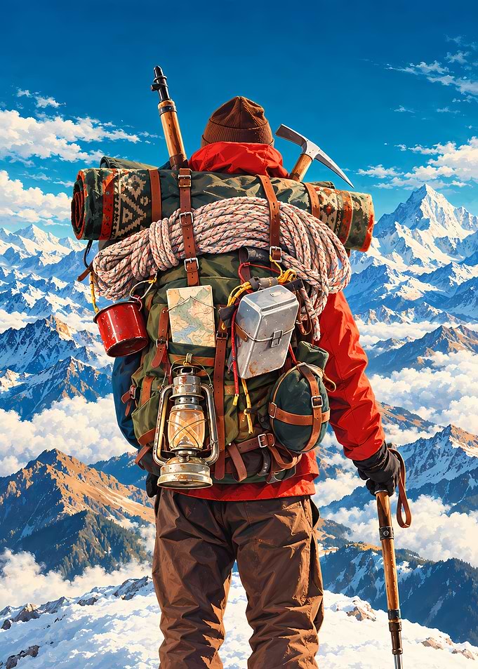 Mountaineer Standing on Snowy Peak