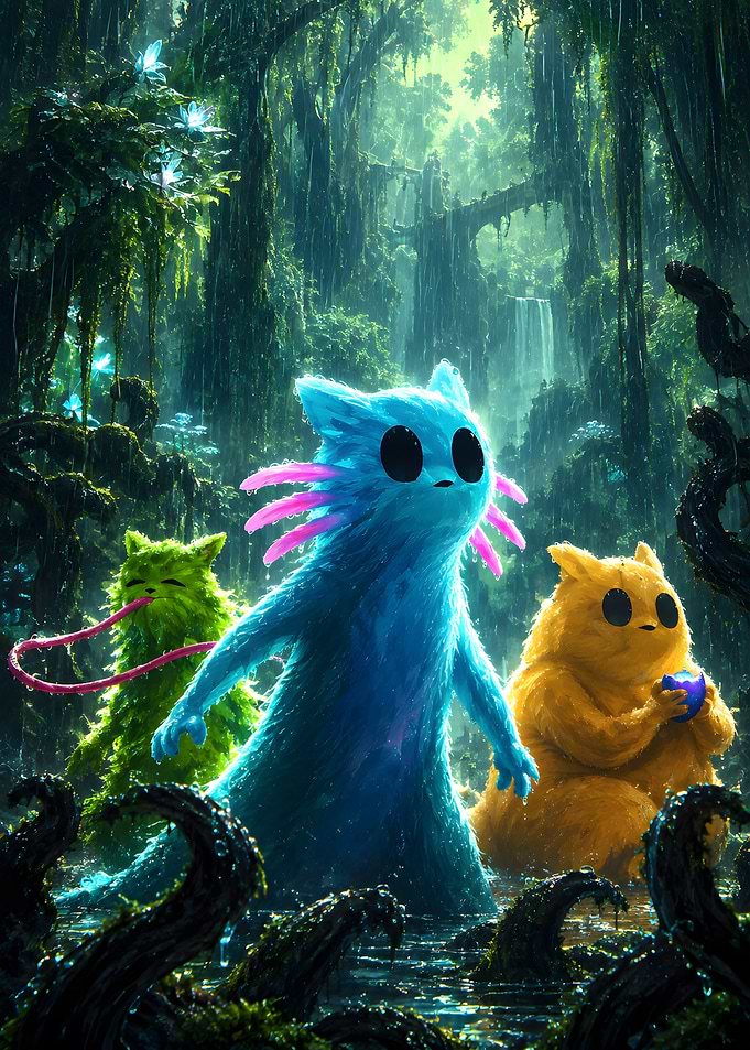 Three Colorful Creatures in Enchanted Forest