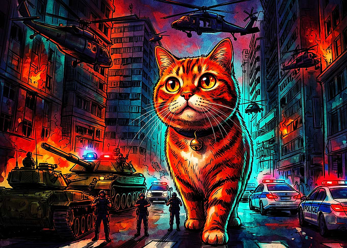 Giant Cat War City Retro Art