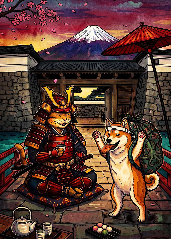 Samurai Cat & Dog Fuji Art Poster