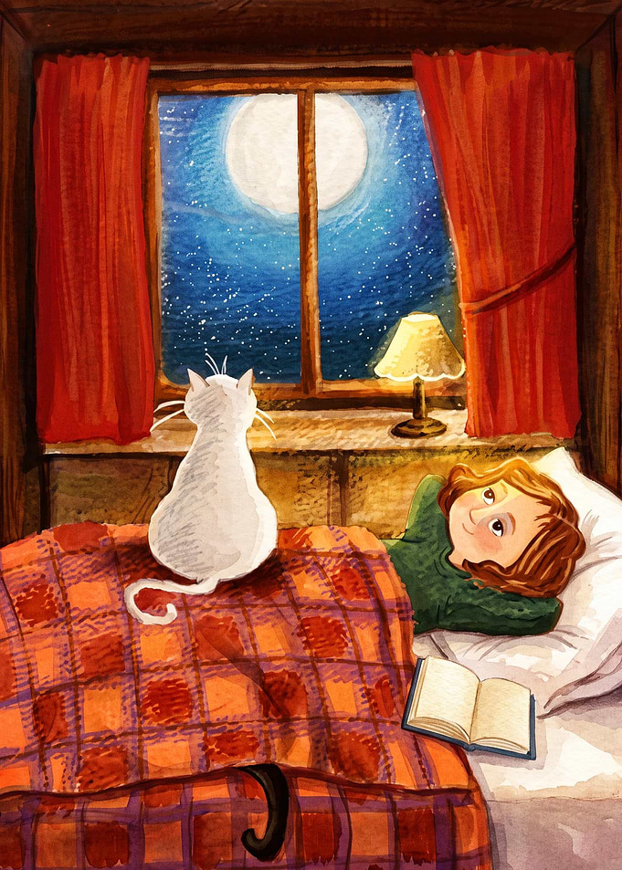 Cat Window Night Cozy Art Poster