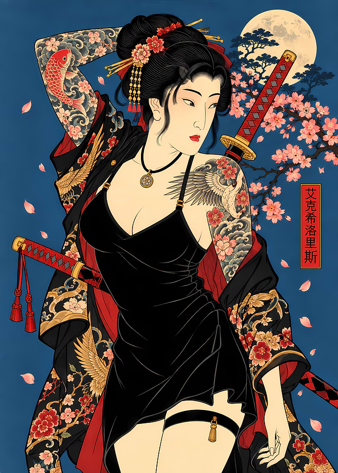 Tattooed Samurai Woman with Katana