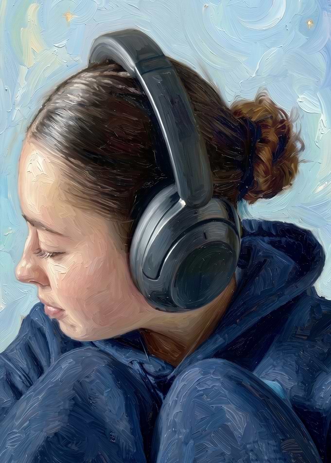 Oil Painting of Girl Listening Music