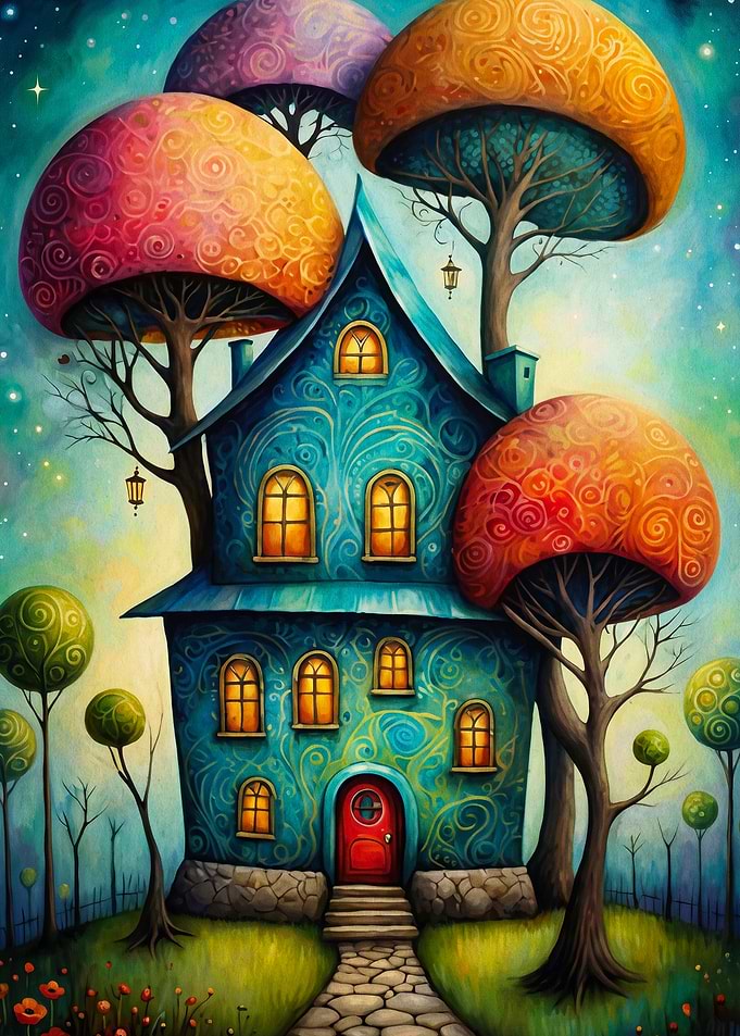 Fantasy Mushroom House Boho Art