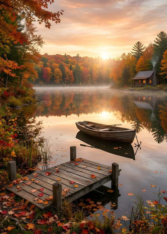Autumn Lake Cabin at Sunrise