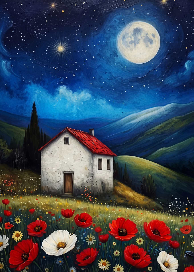 Moonlit House Poppy Field Oil Art