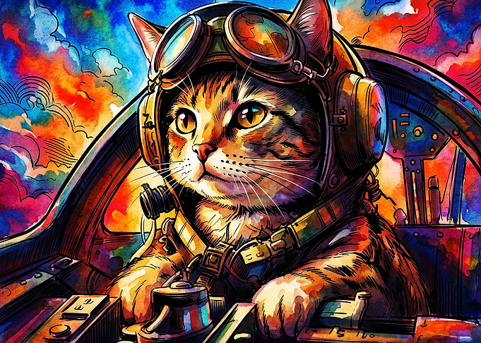 Cat Pilot Aviator Watercolor Art