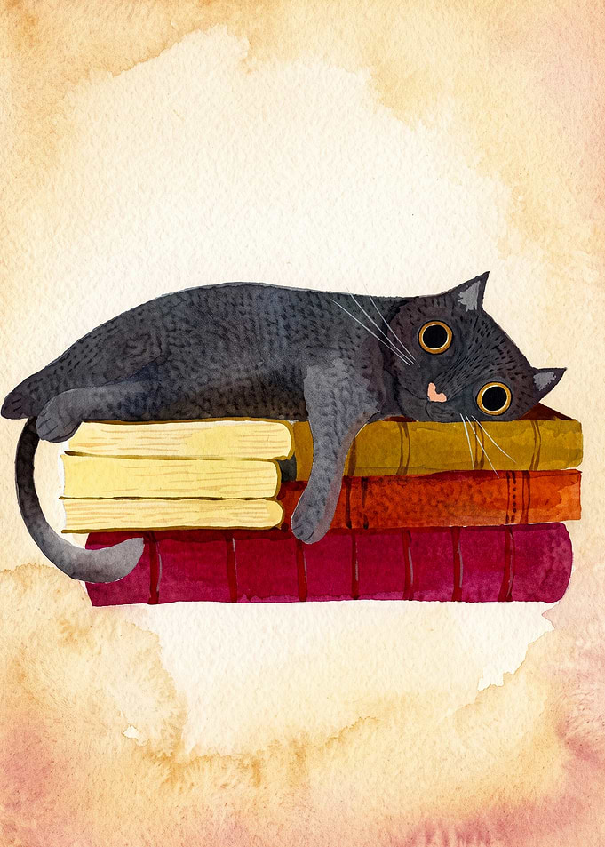 Cat Books Reading Watercolor Poster
