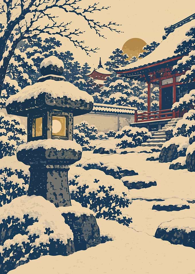 Snowy Japanese Temple Garden with Stone Lantern