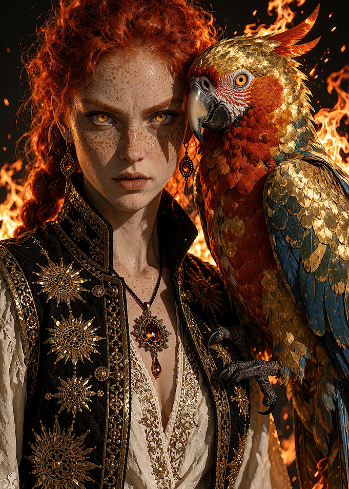 Red-Haired Sorceress with Golden Phoenix Parrot