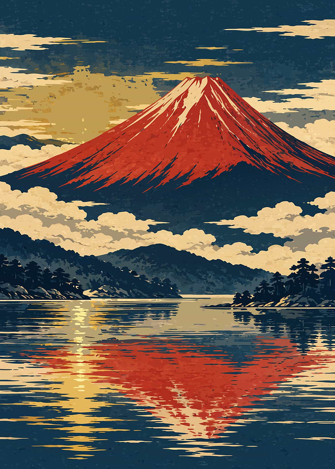 Red Mount Fuji at Golden Dawn — Japanese Woodblock Art Print