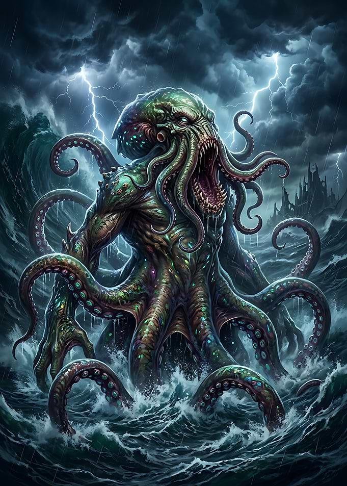 Cthulhu Rising from Stormy Seas. kraken posters