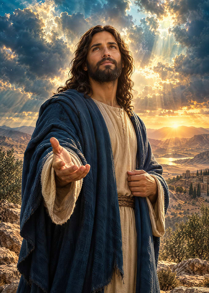 Jesus Christ Reaching Out at Sunset