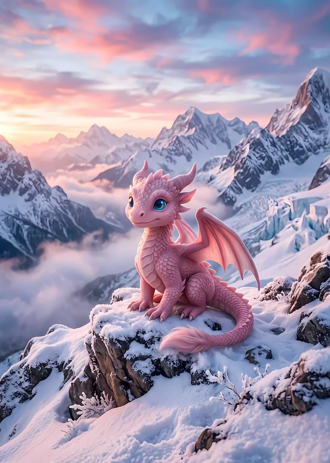 Cute Pink Dragon on Snowy Mountain
