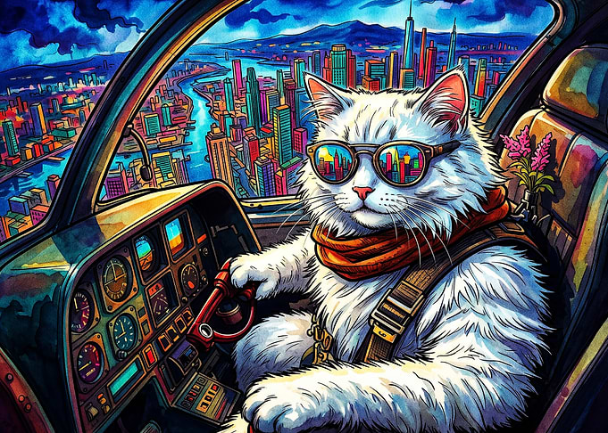 Cat Pilot Cityscape Vibrant Art