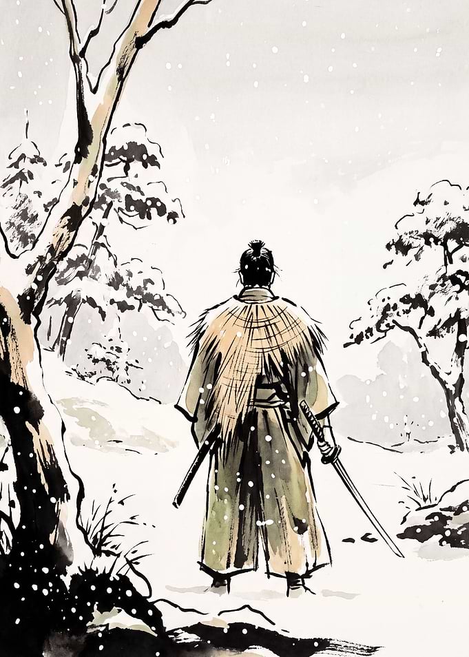 Bokusaiga Samurai Standing in Falling Snow