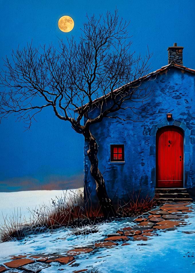 Blue House Moon Winter Night Art