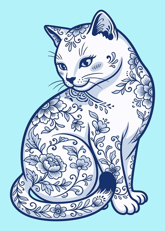 Blue and White Floral Porcelain Cat