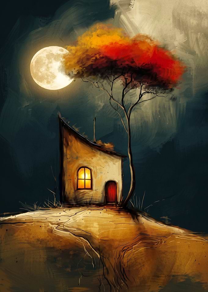 Cozy Cottage Moon Fantasy Art