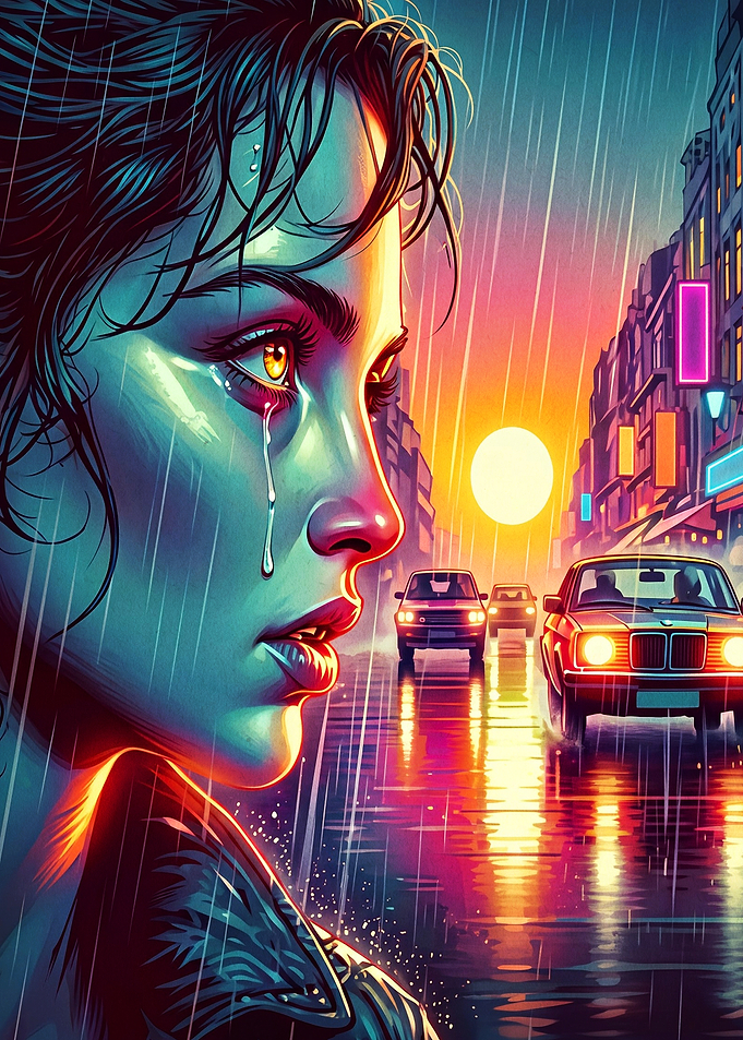 Cyberpunk Rain City Woman Art