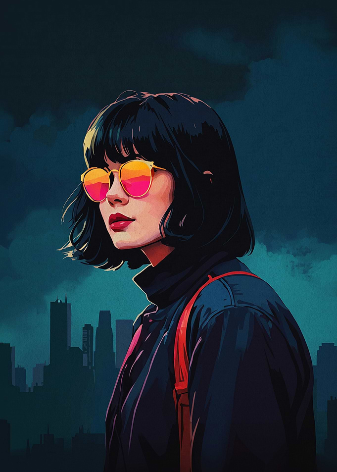 Cyberpunk Girl Sunset Glasses Art