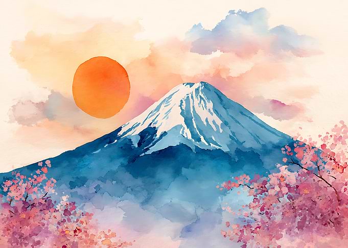 Watercolor Mount Fuji and Cherry Blossoms