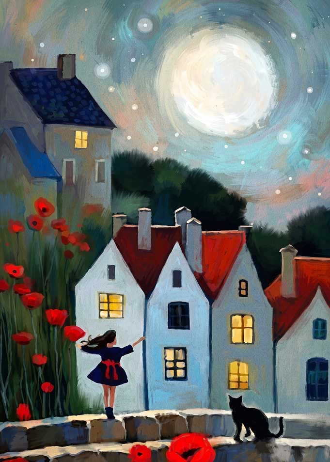 Moonlit Village Girl Cat Impasto Ar