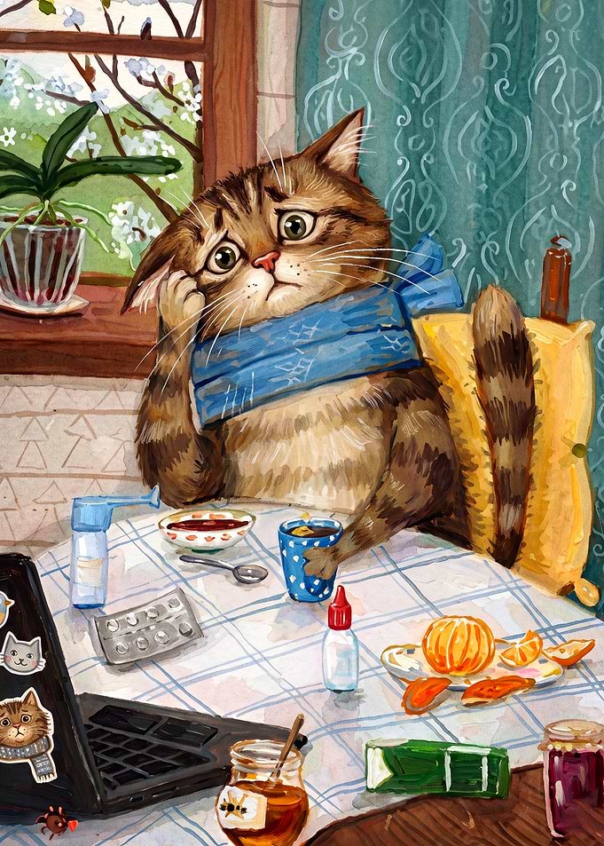Sick Cat Cozy Watercolor Art Poster