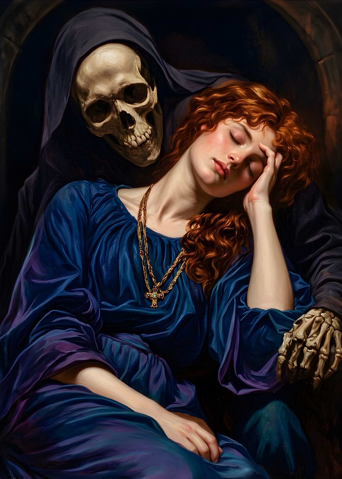 Grim Reaper Embracing a Sleeping Woman