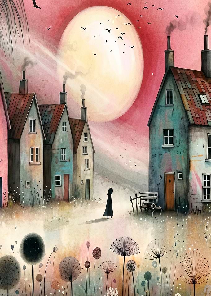 Whimsical Village Moon Watercolor