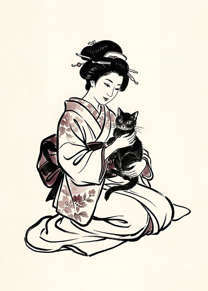 Geisha Holding a Black Cat