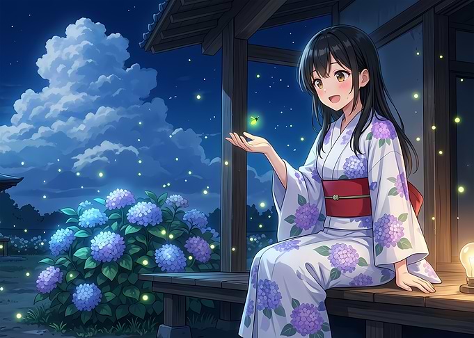 Anime Girl with Fireflies and Hydrangeas