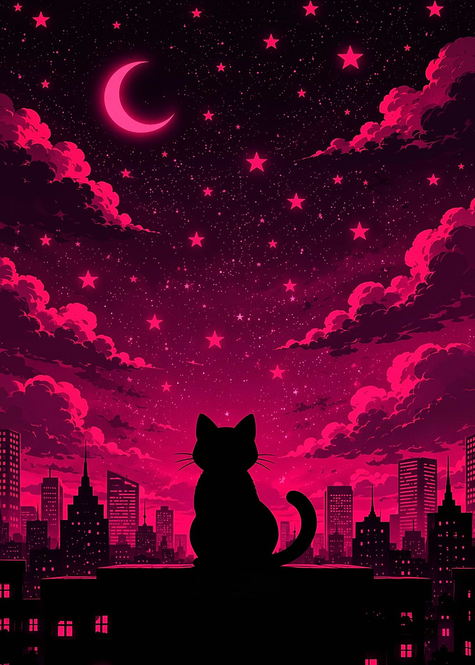 Cat Silhouette Under Pink Night Sky
