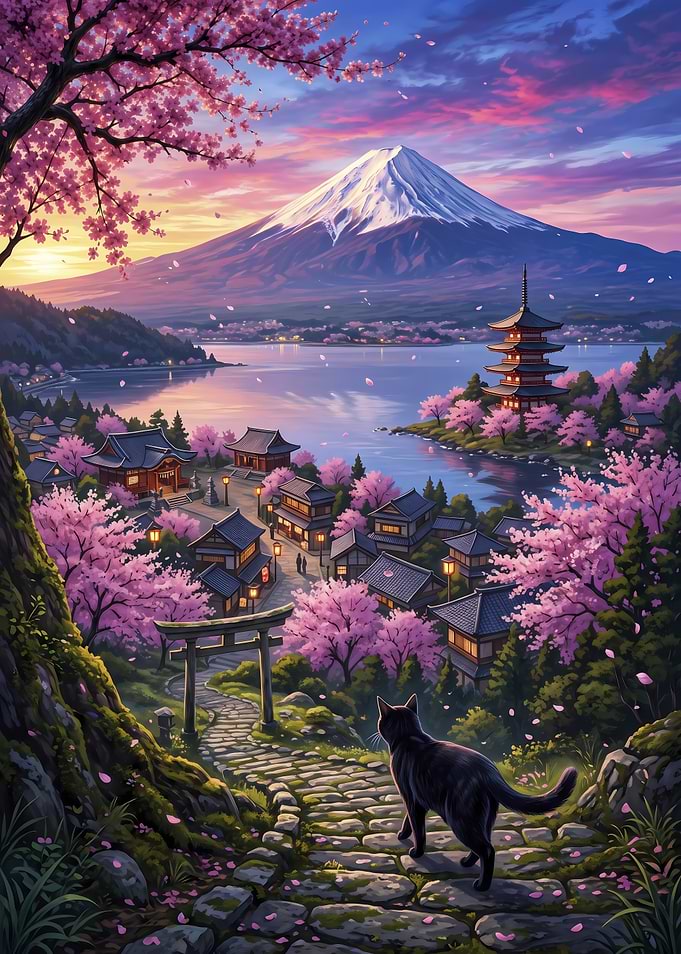 Black Cat Overlooking Mount Fuji