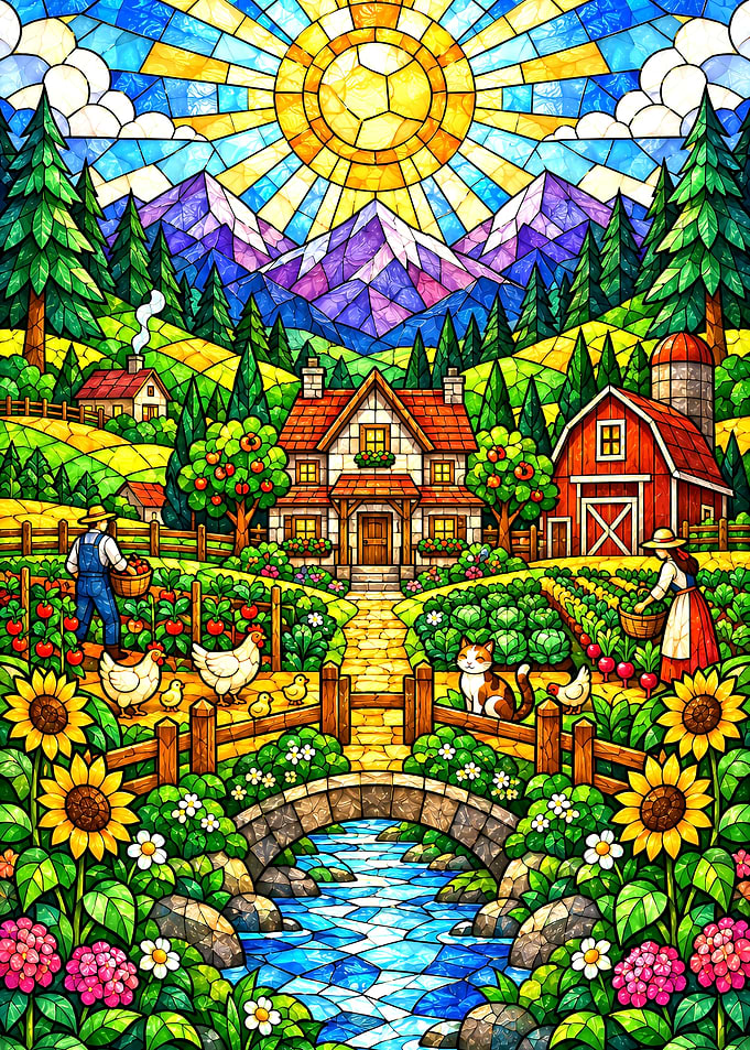 Stardew Valley Stained Glass Farm Landscape Scene